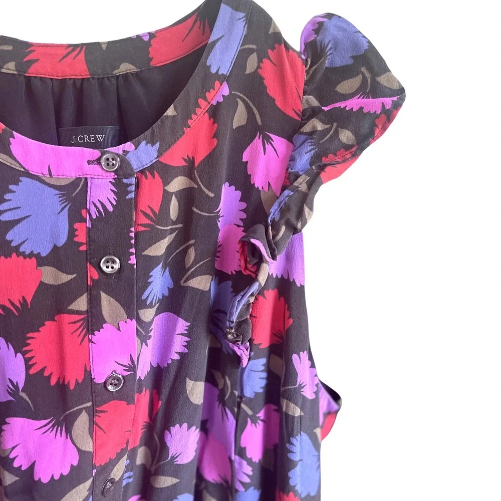J.Crew Vibrant Floral Flutter Sleeve Black Silk Button Front‎ MIDI Dress  2